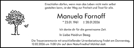 Traueranzeige von Manuela Fornoff von Darmstädter Echo