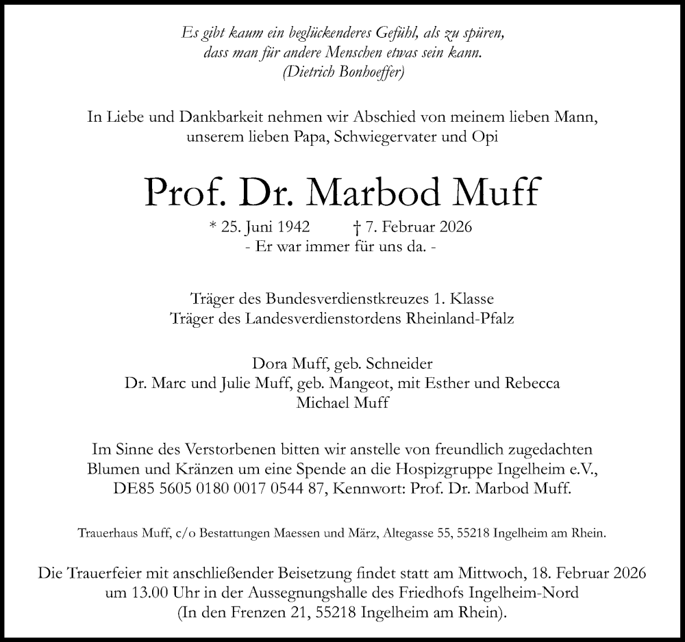  Traueranzeige für Marbod Muff vom 14.02.2026 aus Allgemeine Zeitung Rheinhessen-Nahe