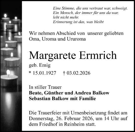 Traueranzeige von Margarete Ermrich von Darmstädter Echo
