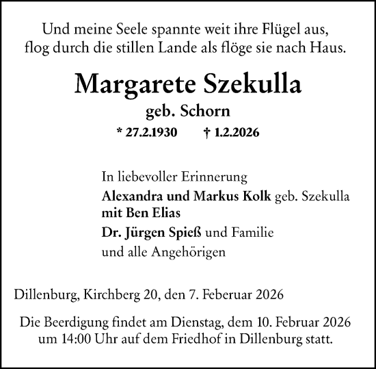 Traueranzeige von Margarete Szekulla von Dill Block