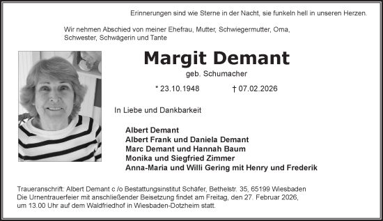 Traueranzeige von Margit Demant von Wiesbadener Kurier