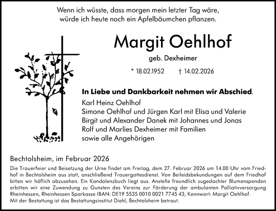 Traueranzeige von Margit Oehlhof von Allgemeine Zeitung Alzey