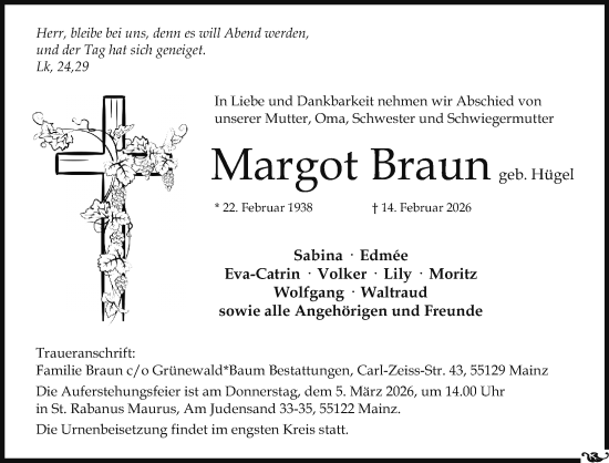 Traueranzeige von Margot Braun von Allgemeine Zeitung Mainz