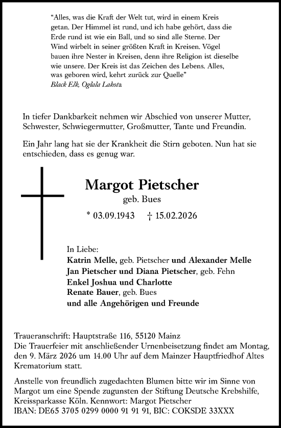 Traueranzeige von Margot Pietscher von Allgemeine Zeitung Mainz