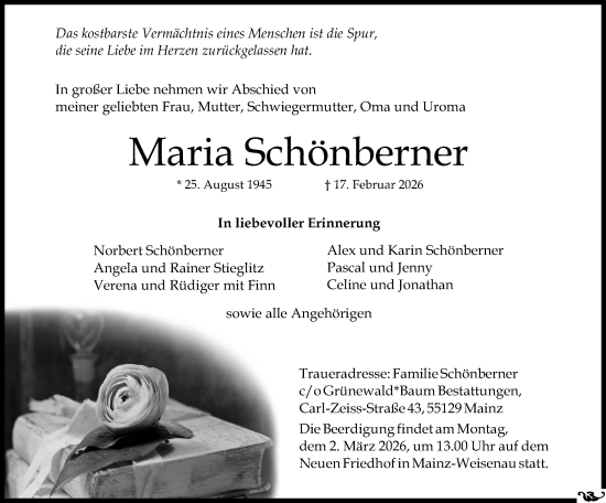 Traueranzeige von Maria Schönberner von Allgemeine Zeitung Mainz