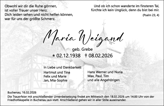 Traueranzeige von Maria Weigand von Hinterländer Anzeiger