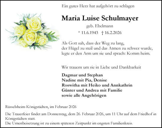 Traueranzeige von Maria Luise Schulmayer von Rüsselsheimer Echo