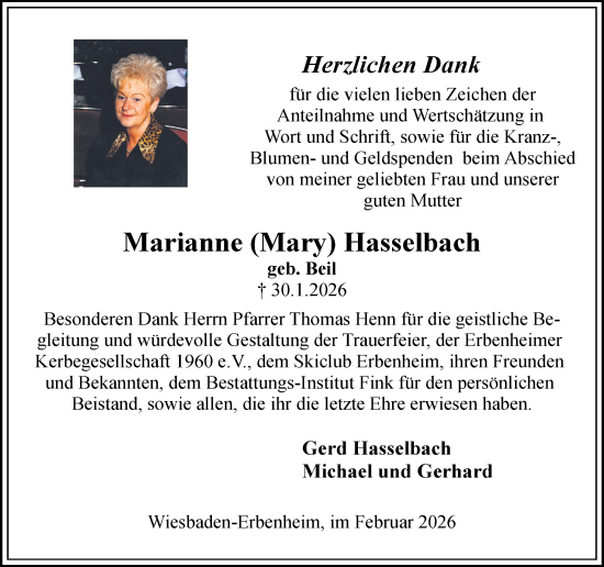 Traueranzeige von Marianne Hasselbach von Wiesbadener Kurier