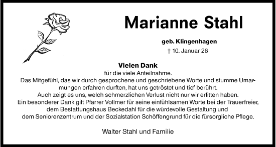 Traueranzeige von Marianne Stahl von Wetzlarer Neue Zeitung