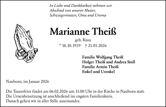 Traueranzeige von Marianne Theiß von Wetzlarer Neue Zeitung
