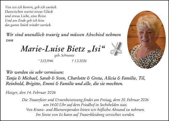 Traueranzeige von Marie-Luise Bietz von Dill Block