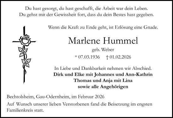 Traueranzeige von Marlene Hummel von Allgemeine Zeitung Alzey
