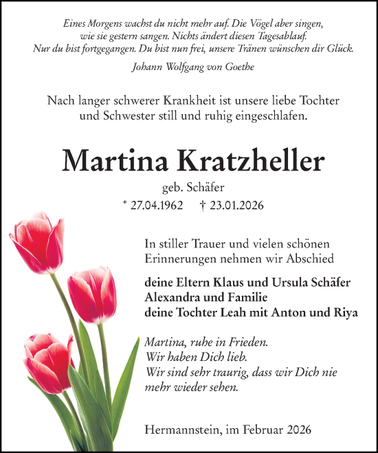 Traueranzeige von Martina Kratzheller von Wetzlarer Neue Zeitung