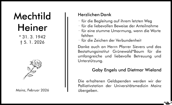 Traueranzeige von Mechtild Heiner von Allgemeine Zeitung Mainz