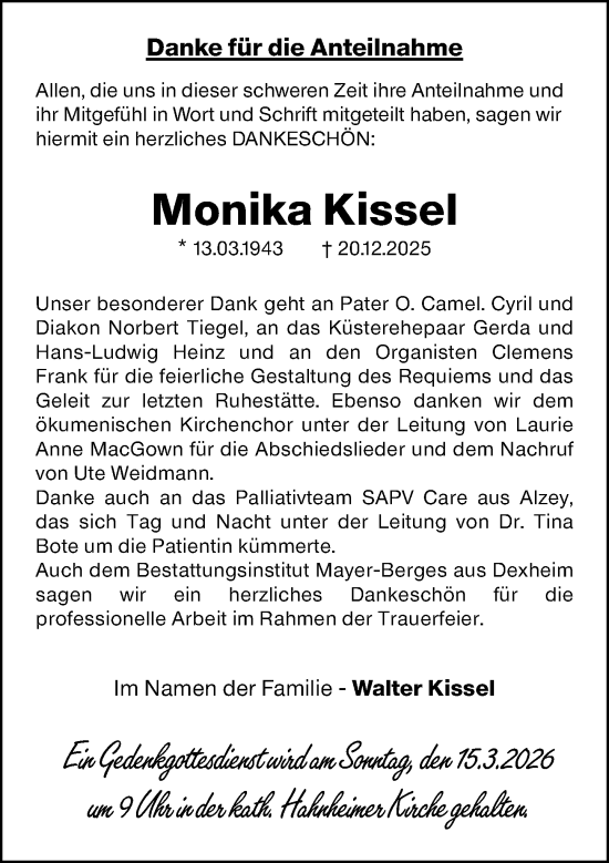 Traueranzeige von Monika Kissel von Allgemeine Zeitung Mainz