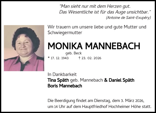 Traueranzeige von Monika Mannebach von Wormser Zeitung
