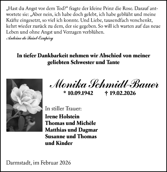 Traueranzeige von Monika Schmidt-Bauer von Darmstädter Echo
