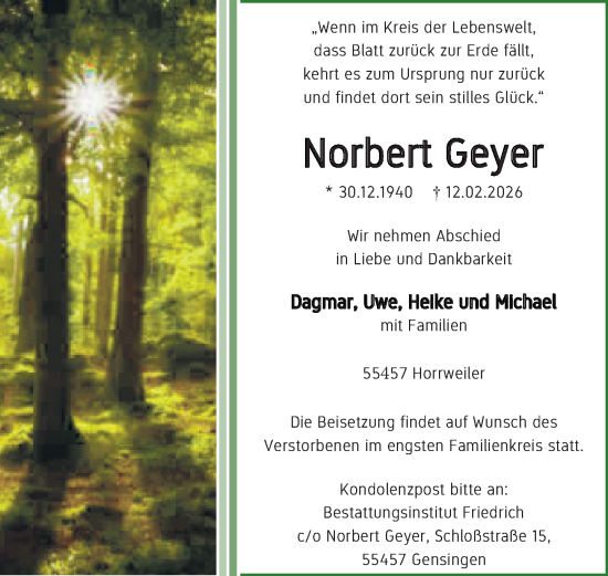 Traueranzeige von Norbert Geyer von Allgemeine Zeitung Rheinhessen-Nahe
