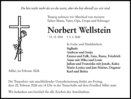 Traueranzeige von Norbert Wellstein von Wetzlarer Neue Zeitung