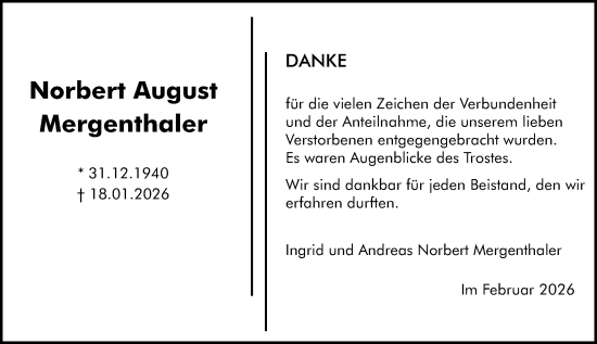 Traueranzeige von Norbert August Mergenthaler von Allgemeine Zeitung Mainz