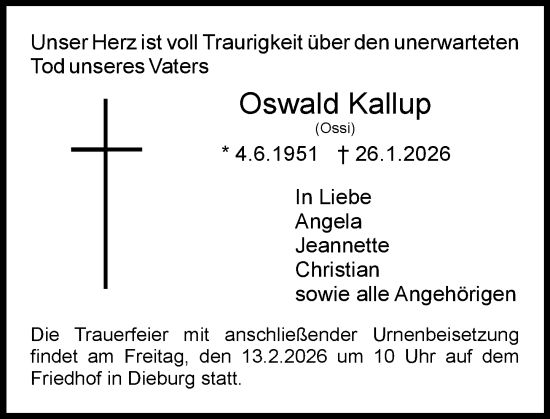 Traueranzeige von Oswald Kallup von Dieburger Anzeiger/Groß-Zimmerner Lokal-Anzeiger