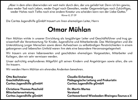 Traueranzeige von Otmar Mühlan von Wiesbadener Kurier