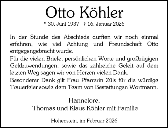 Traueranzeige von Otto Köhler von Rheingau-Taunus-Kreis Wochenblatt