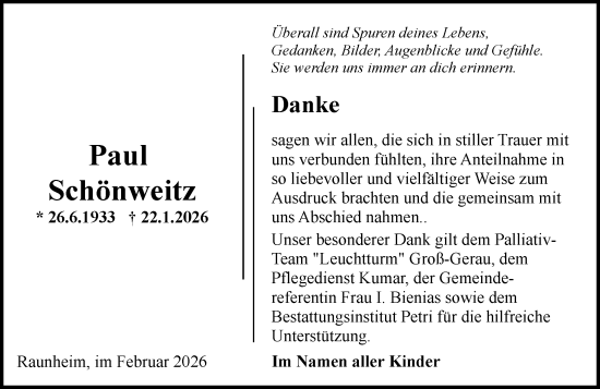 Traueranzeige von Paul Schönweitz von Rüsselsheimer Echo