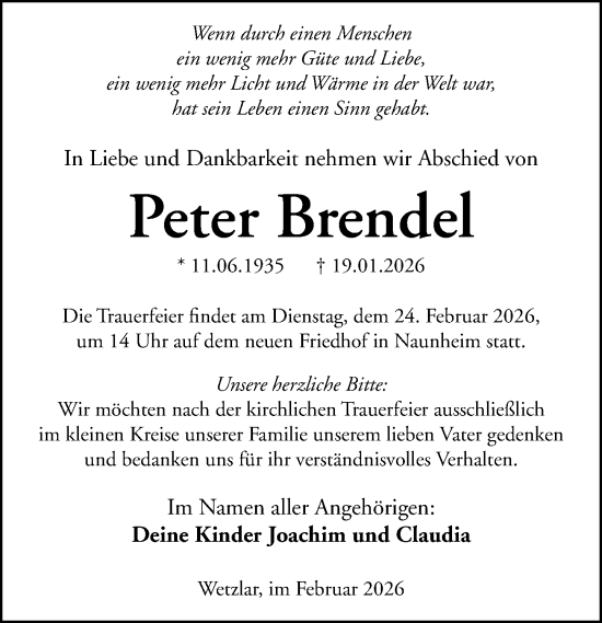 Traueranzeige von Peter Brendel von Wetzlarer Neue Zeitung
