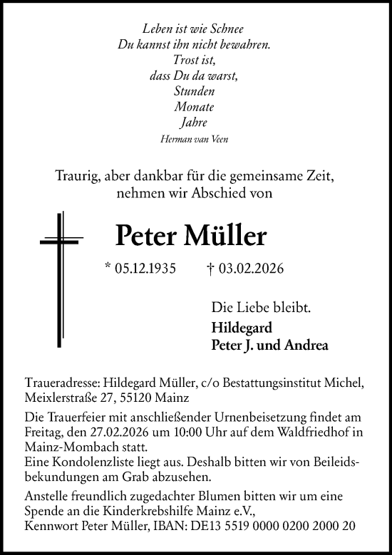 Traueranzeige von Peter Müller von Allgemeine Zeitung Mainz