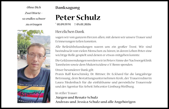 Traueranzeige von Peter Schulz von Weilburger Tageblatt