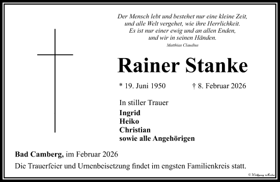 Traueranzeige von Rainer Stanke von Camberger Anzeiger