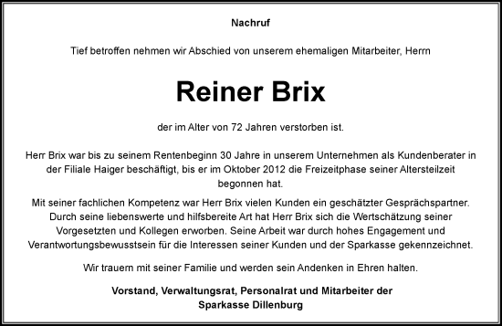 Traueranzeige von Reiner Brix von Dill Block