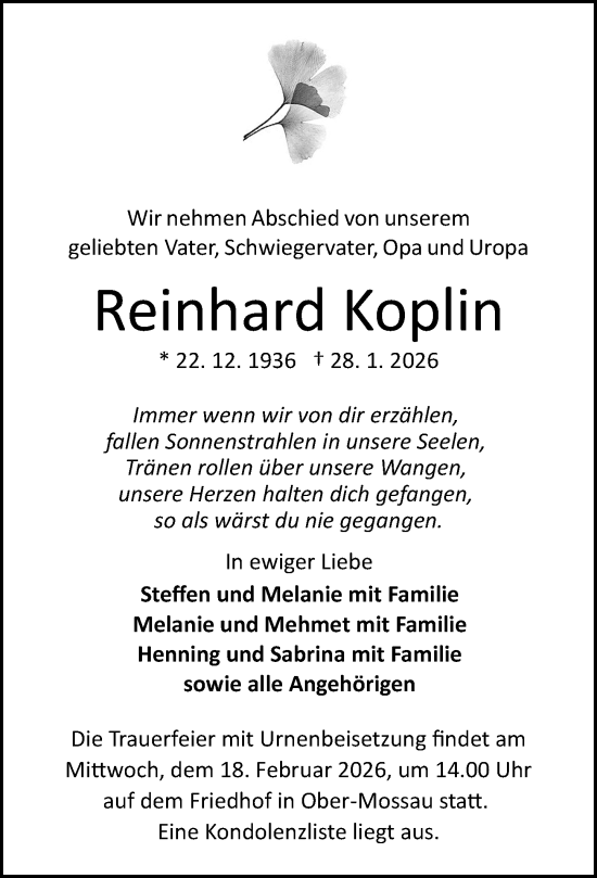 Traueranzeige von Reinhard Koplin von Odenwälder Echo