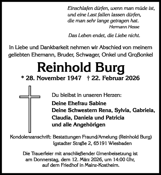 Traueranzeige von Reinhold Burg von Wiesbadener Kurier
