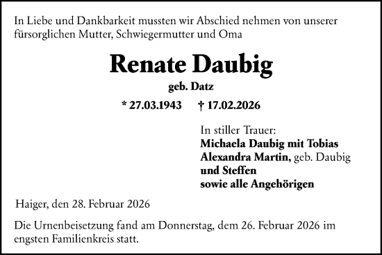 Traueranzeige von Renate Daubig von Dill Block