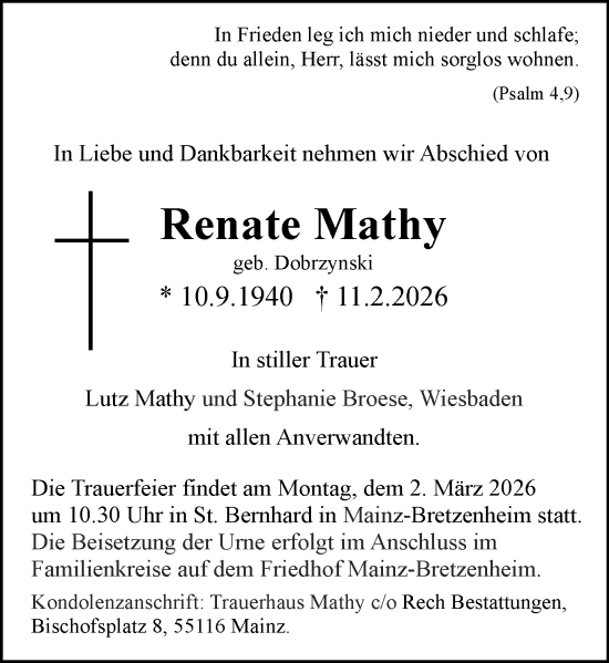 Traueranzeige von Renate Mathy von Allgemeine Zeitung Mainz