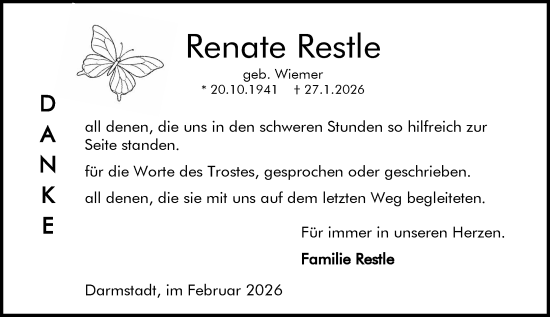 Traueranzeige von Renate Restle von Darmstädter Echo