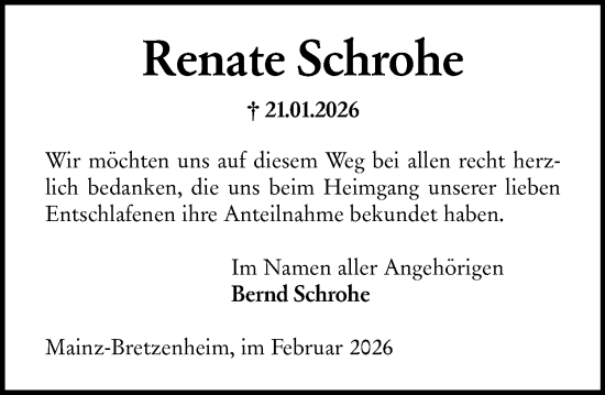 Traueranzeige von Renate Schrohe von Allgemeine Zeitung Mainz