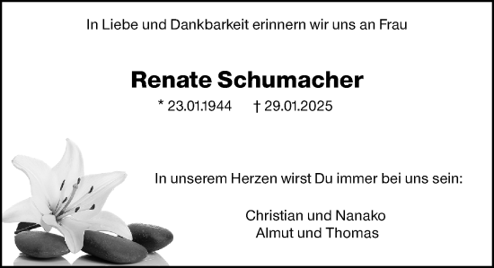 Traueranzeige von Renate Schumacher von Allgemeine Zeitung Rheinhessen-Nahe