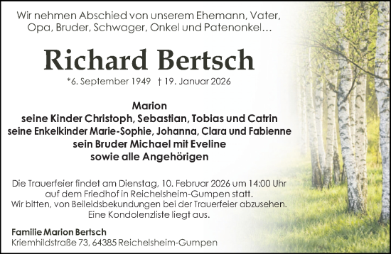 Traueranzeige von Richard Bertsch von Starkenburger Echo