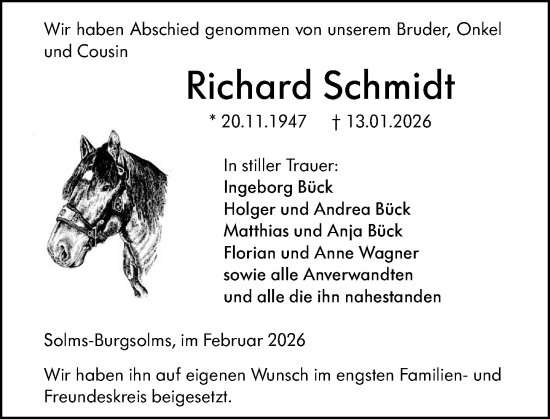 Traueranzeige von Richard Schmidt von Wetzlarer Neue Zeitung
