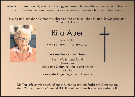 Traueranzeige von Rita Auer von Allgemeine Zeitung Alzey