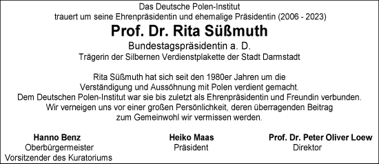 Traueranzeige von Rita Süßmuth von Darmstädter Echo
