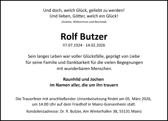 Traueranzeige von Rolf Butzer von Allgemeine Zeitung Mainz