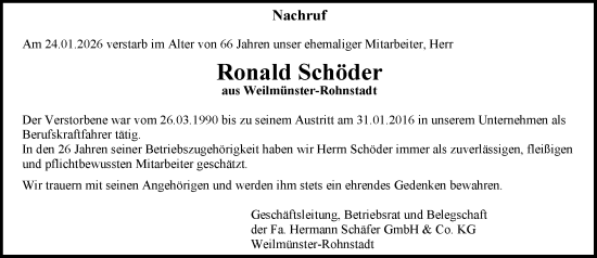 Traueranzeige von Ronald Schöder von Weilburger Tageblatt