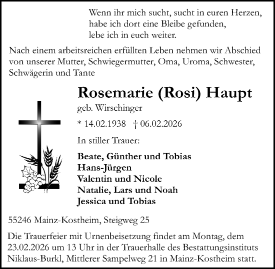 Traueranzeige von Rosemarie Haupt von Allgemeine Zeitung Mainz