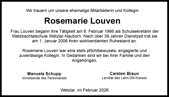 Traueranzeige von Rosemarie Louven von Wetzlarer Neue Zeitung