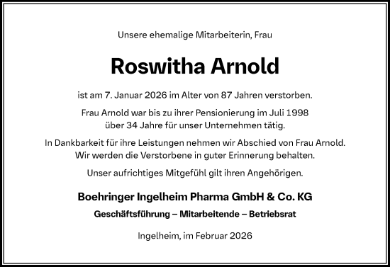 Traueranzeige von Roswitha Arnold von Allgemeine Zeitung Rheinhessen-Nahe
