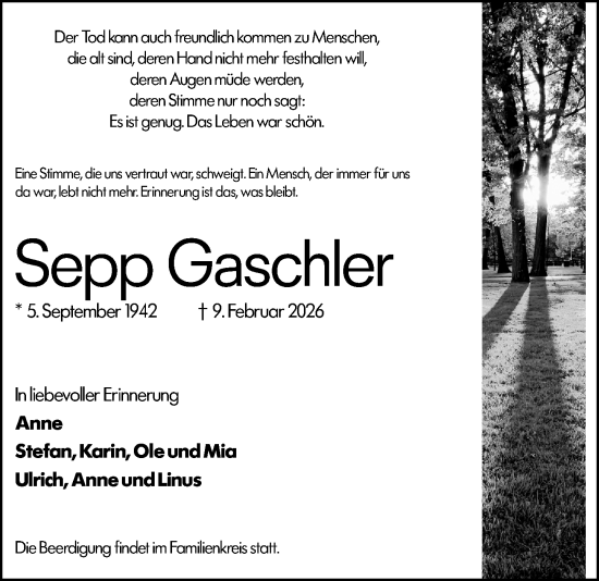Traueranzeige von Sepp Gaschler von Hinterländer Anzeiger